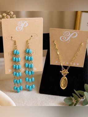 PLUNDER gold and turquoise 2pc set- 18” necklace and 3.5”  turquoise earrings